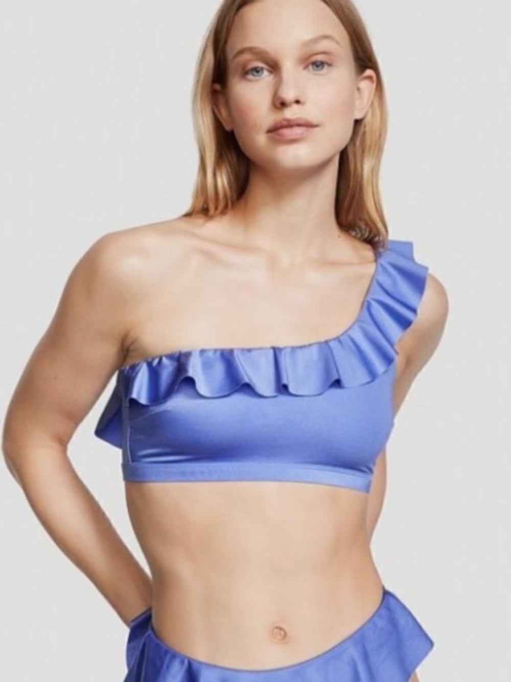 NWT- Victoria Secret- Blue One-Shoulder Ruffle Bikini Top(XL)  and Bottoms (L)